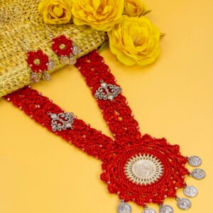 Red Crochet Statement Necklace Set Handmade - Image 4