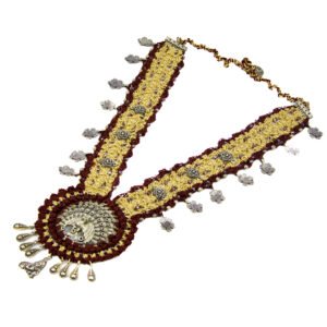 Maroon and Yellow Crochet Necklace with Peacock and Floral Accents Handmade - Image 5