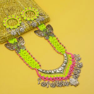 Neon Green & Pink Crochet Necklace Set with Butterfly and Key Charms - Image 4