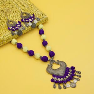 Purple and Yellow Crochet Jewelry Set with Vintage Coin Charms Handmade - Image 4