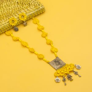 Yellow Crochet Necklace Set with Tribal Square Pendant Handmade - Image 4