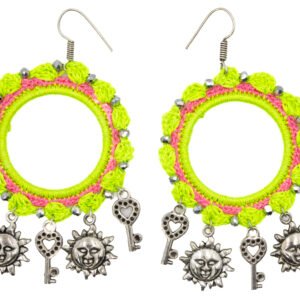 Neon Green & Pink Crochet Necklace Set with Butterfly and Key Charms - Image 3