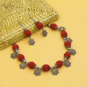 Red Beaded Crochet Necklace Set with Floral Charms Handmade - Image 4