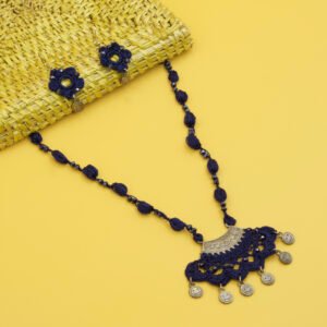Navy Blue Crochet Necklace Set with Crescent Pendant Handmade - Image 4