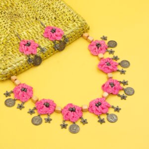 Pink Floral Crochet Necklace Set Handmade - Image 4