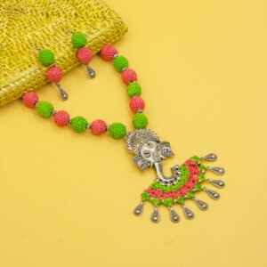 Green & Pink Crochet Necklace Set with Ganesha Pendant Handmade - Image 4