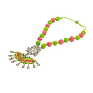 Green & Pink Crochet Necklace Set with Ganesha Pendant Handmade - Image 5