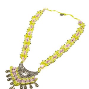 Yellow and Pink Crochet Jewelry Set with Floral Motif and Oxidized Pendant Handmade - Image 5