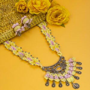 Yellow and Pink Crochet Jewelry Set with Floral Motif and Oxidized Pendant Handmade - Image 4